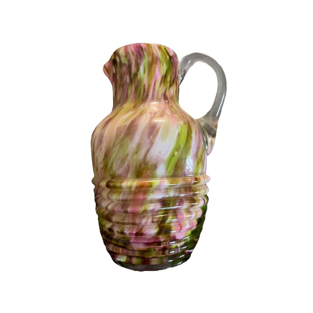 Vtg Hand Blown Art Glass Mini Pitcher With Colorful Swirl Design Pink/Green